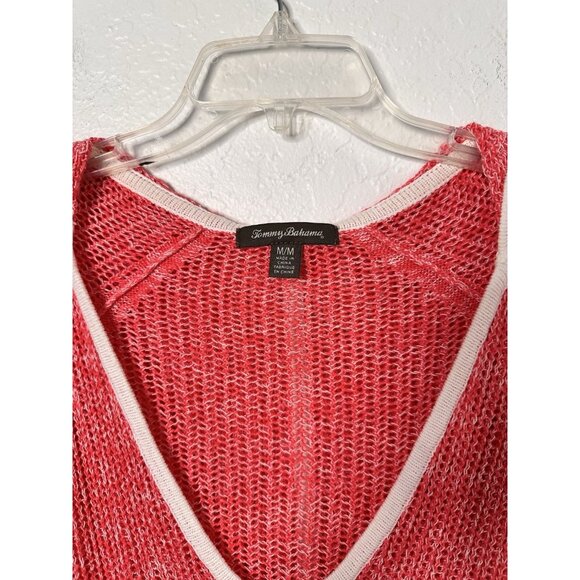 Tommy Bahama Womens Open Weave Hoodie Pink Sweater White Trim Size M Linen Blend - Picture 3 of 5